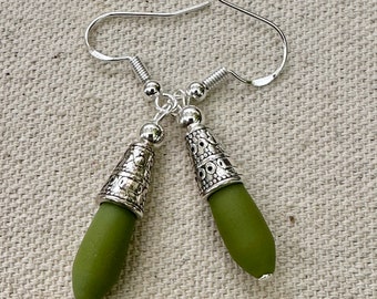 Petite Opaque Olive Green Sea Glass Teardrop Earrings with Bronze or Silver Cap you choose