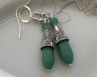Petite Opaque Teal Sea Glass Teardrop Earrings with Silver