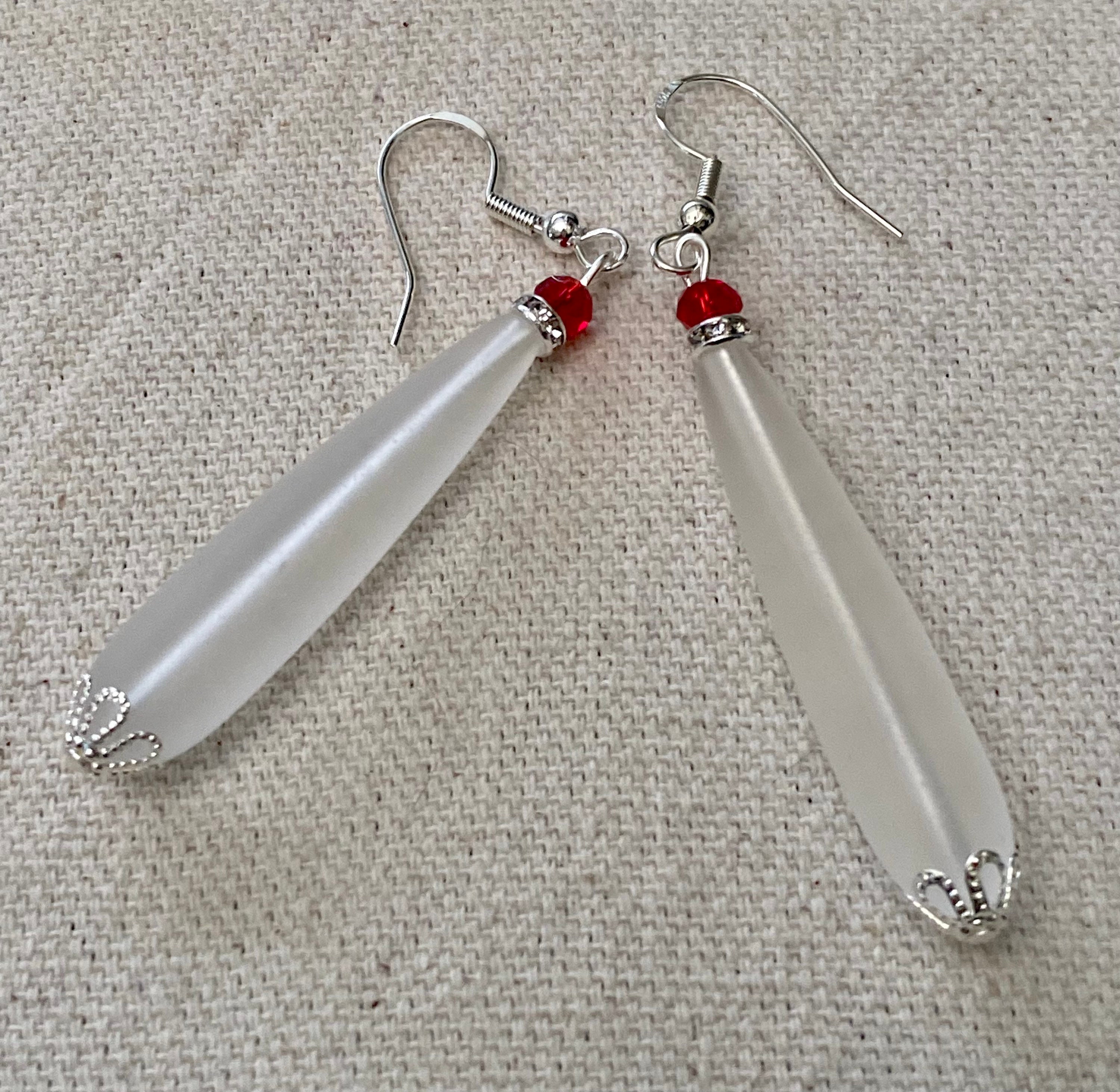 Long Frosted Red Sea Glass Dangle Earrings With Silver French Hooks – Handmade