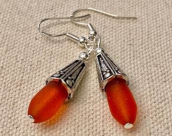 Petite Tangerine Orange Sea Glass Teardrop Earrings