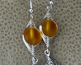 Beautiful Light Orange Wire Wrapped Sea Glass Earrings with  charm