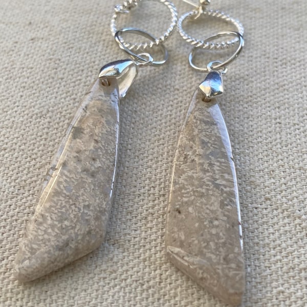 Fossil Coral Earrings: Sterling Silver Triangle Dangle Earrings