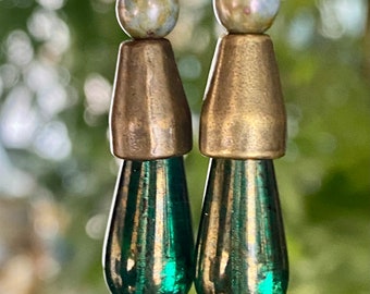 Emerald Green Czech Glass Teardrop Earrings with a light Bronze Wash