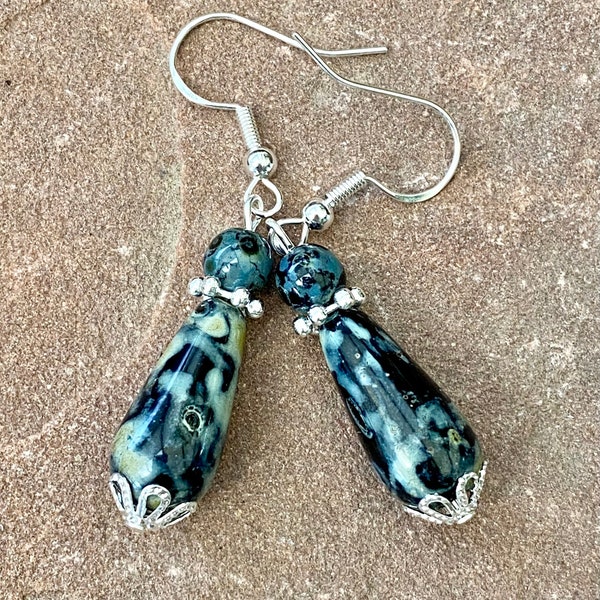 Black Czech Glass Teardrop with a Picasso Finish Earrings