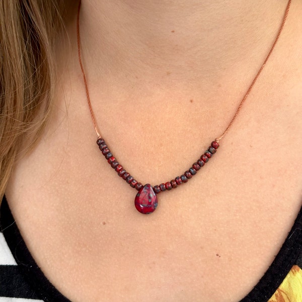 Czech Glass Red Teardrop with Picasso finish Briolette Necklace  Choker