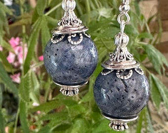 Genuine, Natural Blue Coral Bead Earrings Victorian Style Earrings