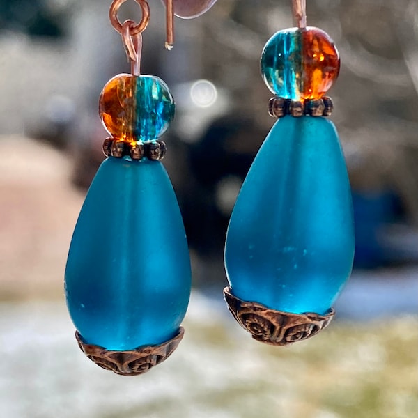 Teal Teardrop Sea Glass Earrings with copper accents and teal and orange glass bead