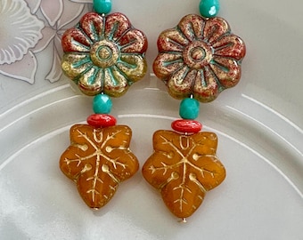 Coral and Yellow Czech Glass Flower with an Autumn Orange Golden Leaf Earrings