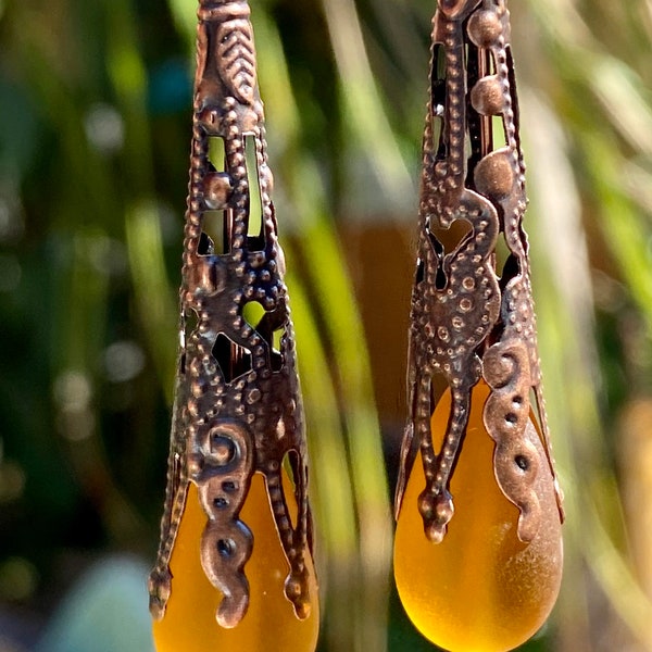 Dark Amber Teardrop Sea Glass Earrings with an Antique Copper Cap