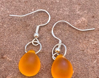 Tangerine Czech Glass teardrops on Sterling Silver Ear Wires