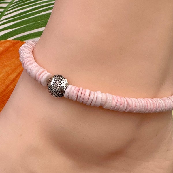 Pretty Pink Puka Shell Anklet with Silver Fish Beads Shell  Anklet Silver Fish