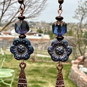 Fun Unique Montana Blue Wild Rose Czech Glass Earrings with a Mystic Blue Cathedral Bead and a copper dangle