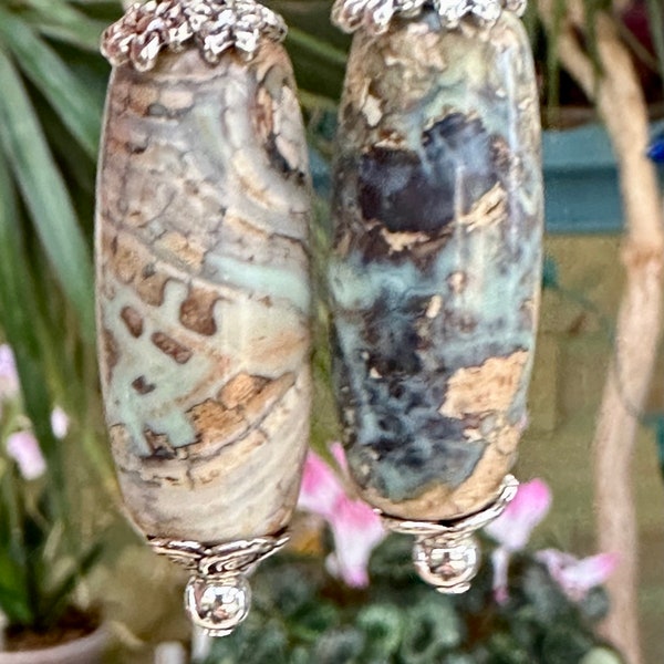 Unique Blue Fire Agate Column Earrings Stone Earrings, Barrel Earrings