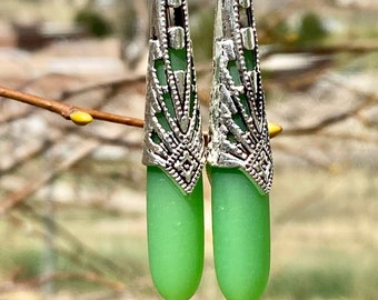 Spring Green Sea Glass Teardrop Earrings