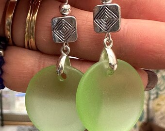 Beautiful Peridot Green Concave Coin Sea Glass Earrings with Square Bead