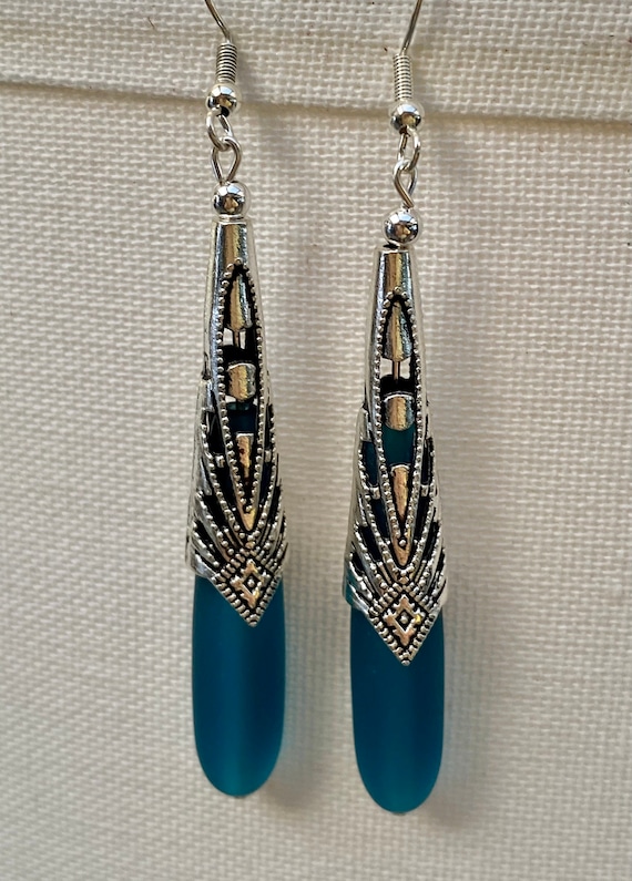 Beautiful Teal Barrel Sea Glass Earrings