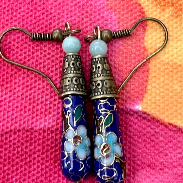 Genuine Cloisonné Teardrop Earrings Cobalt Blue Cloisonné