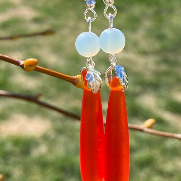 Dark Tangerine Teardrop Sea Glass Earrings