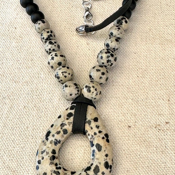Dalmatian Jasper off Center Donut/Pi Teardrop Pendant on Deerskin Leather Cord Necklace