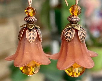 Victorian Style Brown Lucite Flower Earrings