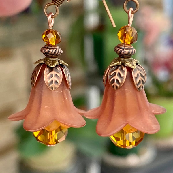 Victorian Style Brown Lucite Flower Earrings