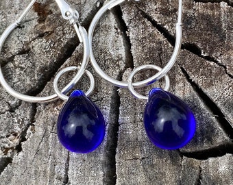 Cobalt Blue Czech Glass Teardrop Earrings on Silver Hoop
