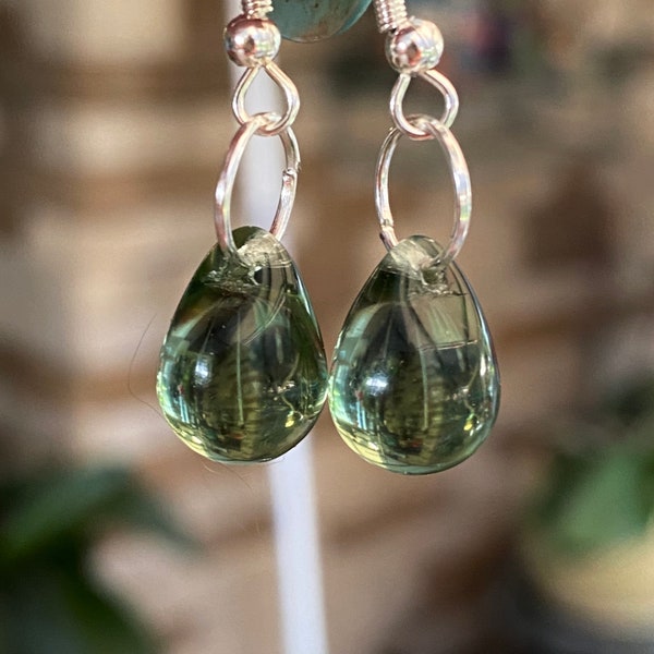 Sage Green Czech Glass Teardrop Earrings