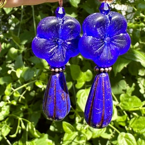 Gorgeous Hibiscus Flower Beads Cobalt Blue color with Melon Teardrop beads with Bronze wash Czech Glass Earrings