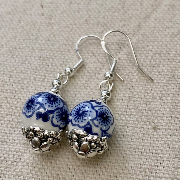 Beautiful Japanese Dark Blue Peony Porcelain Bead Earrings
