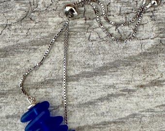 Cobalt Blue Sea Glass Pebbles Bracelet Adjustable Slider Box Chain Pull Tie Bracelet
