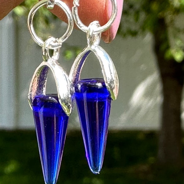 Czech Pressed Glass Spike Beads Cobalt Blue on Huggies  Huggie earrings Spikes on hoops Petite Cobalt Blue Spike Huggies