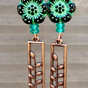 Copper Leaf plant rectangle charm with Czech Glass Green Hibiscus Earrings