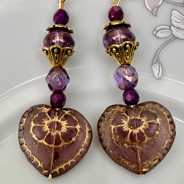 Victorian Style Czech Glass Heart Amethyst color Earrings