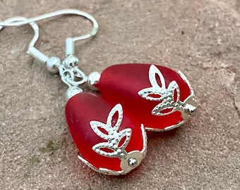 Bright Cherry Red Sea Glass Teardrop Earrings