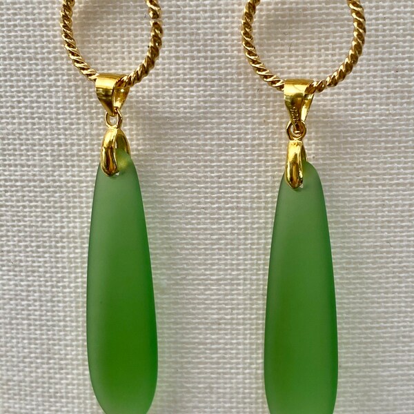 Peridot Green Sea Glass with gold twisted jump ring earrings
