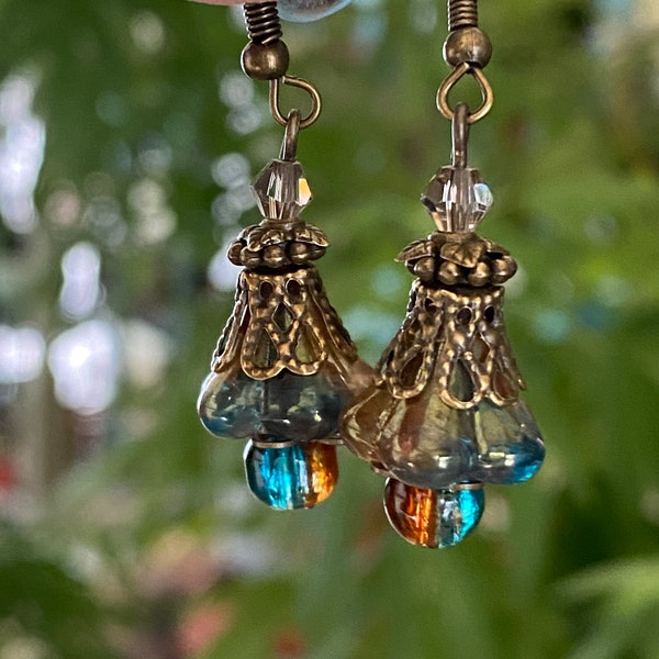 Teal Orange Brown Czech Glass Bell Flower Earrings Victorian Style