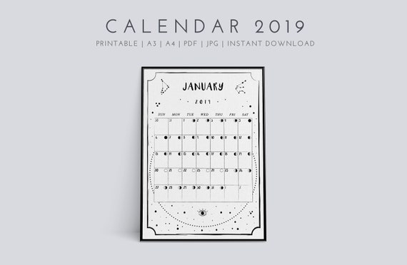 Wall Printable Calendar 2019 / Zodiac / Moon phase ... Wall Printable Calendar 2019 / Zodiac / Moon phase ...