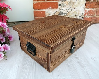 Rustic wood card box Large wood card box Brown rustic box Keepsake chest Wedding card box Lockable box Jewelry wood box Recipe box Toy box