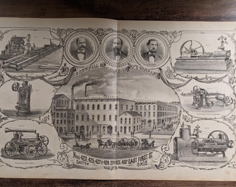 May include: A black and white illustration of a factory building with the text "Machine Shop & Foundry" above the entrance. The building is surrounded by various types of steam engines, including a portable steam engine, a stationary steam engine, and a hoisting engine. The illustration also includes portraits of three men, likely the owners or founders of the company. The text "Brownwell & Kielly Mfg. Co. Nos. 423, 425, 427, 429. Office 437 East First St. Dayton, Ohio" is printed at the bottom of the illustration.