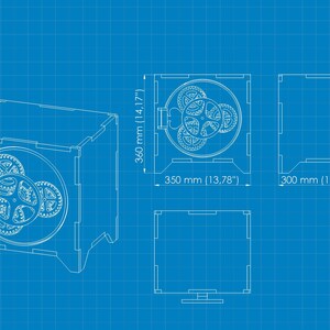 May include: A blueprint style drawing of a wooden box with a gear mechanism inside. The box is 14.17 inches tall, 13.78 inches wide, and 11.81 inches deep.