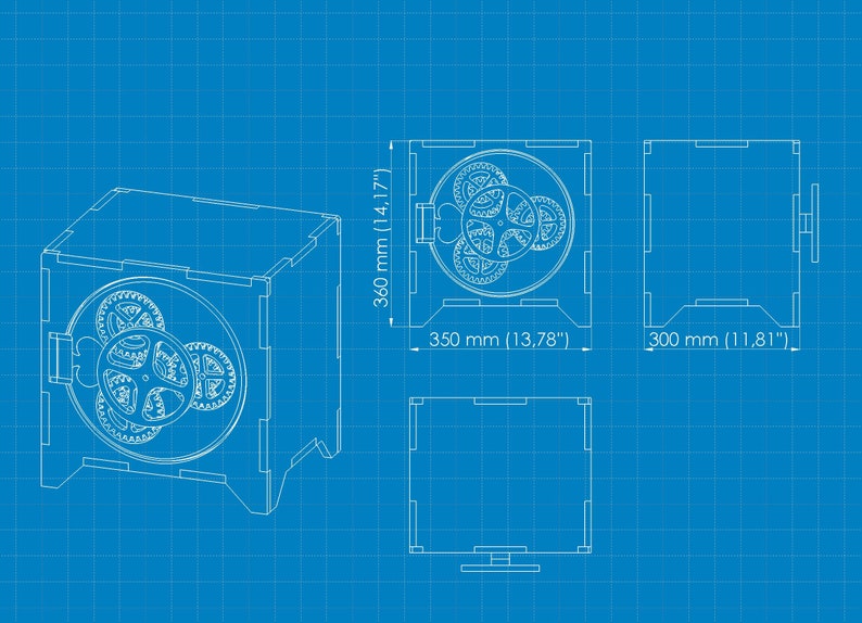 May include: A blueprint style drawing of a wooden box with a gear mechanism inside. The box is 14.17 inches tall, 13.78 inches wide, and 11.81 inches deep.