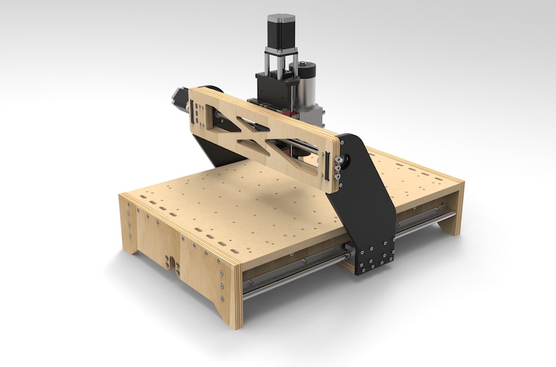 May include: A wooden CNC machine with a black spindle and a wooden work surface. The machine is designed for hobbyists and small businesses.
