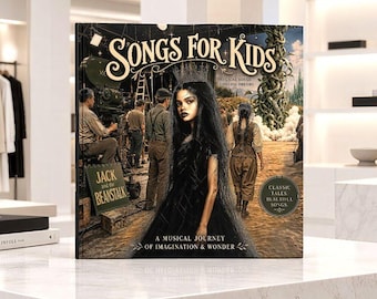 May include: A hardcover book titled Songs for Kids featuring a central figure in a black dress and crown, surrounded by a film set scene with a giant beanstalk, text reading Jack and the Beanstalk, and A Musical Journey of Imagination & Wonder.