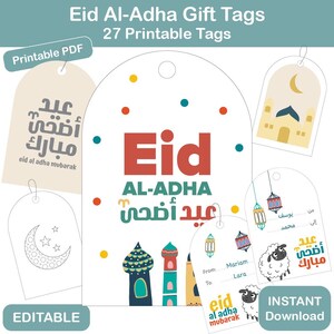 Könnte beinhalten: Eine Sammlung von druckbaren Eid al-Adha Geschenkanhängern. Die Anhänger zeigen verschiedene Designs, darunter eine Moschee, einen Halbmond und ein Schaf. Die Anhänger tragen die Wörter "Eid Al-Adha" und "Eid al adha mubarak" in Englisch und Arabisch.
