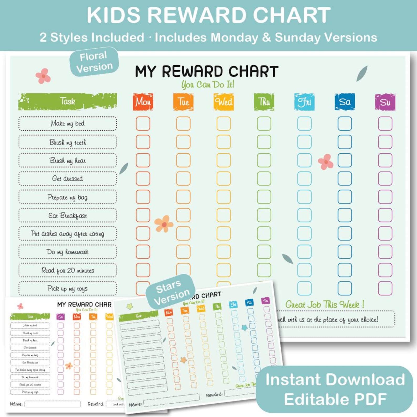 Kids Reward Chart Printable | Weekly Behavior Chart for Kids | Editable ...