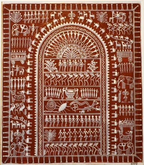 Art gift Tribal art decor present Indian Saura tribal art watercolour folk art Saura interior design