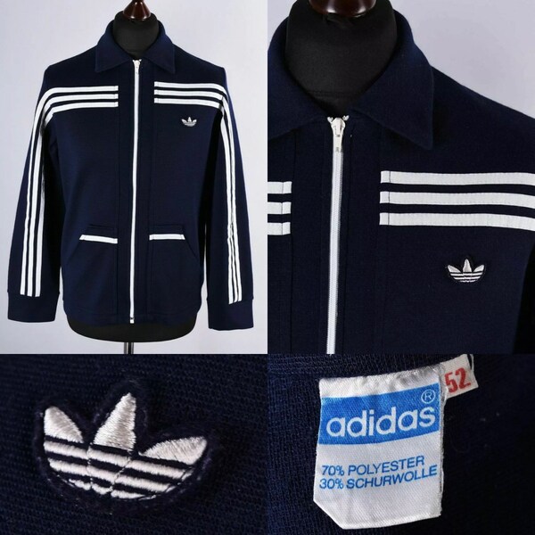 1970s Adidas N. Blue Rare White Front Chest & Arm Stripes Excellent Vint. Condition Mens LG Women’s XL Euro 50-52 W. German