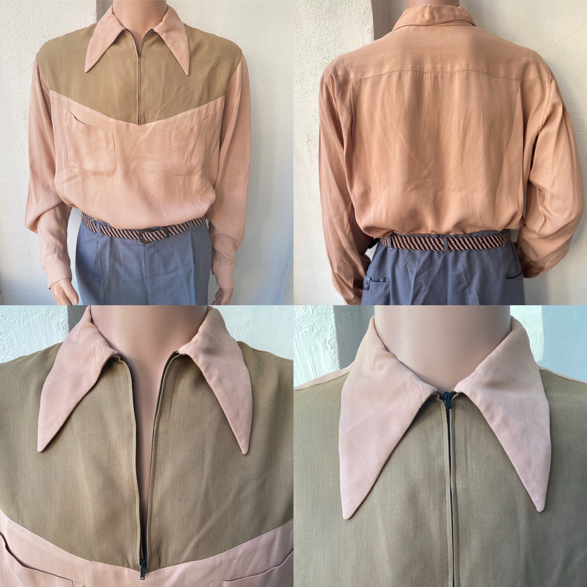 Image of Rare 1940S-50S Don Juan Pink 2-Tone Pull Over With Caramel Zip Panel Massive Sphere Point Collar Size L-xl Excellent Condition