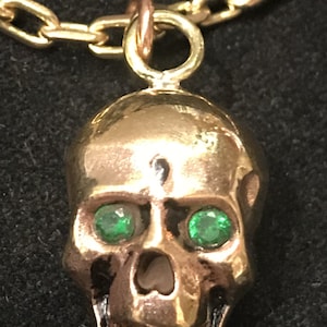 MASSIVE SALE ON! 1940s 50s Heavy 2 Sided Skull Copper Or Gold Plated Option With 18&quot; or 20&quot; Length Chain Vintage Style Flashing Green Eyes