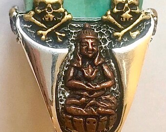 SALE 1900s 20s 30s 40s 50s Skull Buddha Biker Turquoise Stone Ring Vintage Novelty Rockabilly